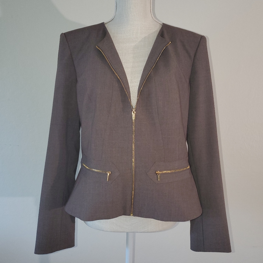 Calvin Klein Petite Collarless Zip-Front Suit Jacket Taupe/Gold Zipper Size 12 P